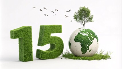 Grass-Covered '15' with Earth Globe, Birds, and Tree, Highlighting Global Conservation and Eco-Friendly Design on White Background V2