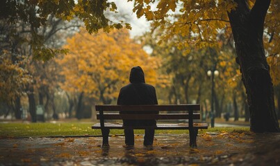 Dramatic quiet autumn scene, sad minded person contemplating rainy day