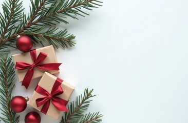 gift cardboard boxes with Christmas tree branches, red balloons on a white background, New Year's banner