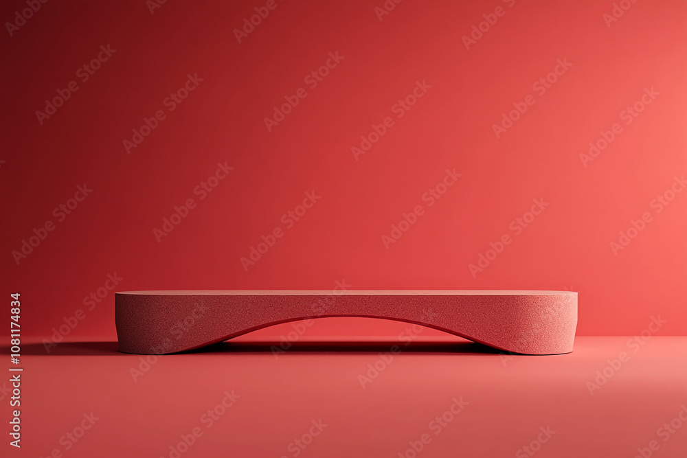 Poster a curved, pink bench sits in front of a red wall, casting a slight shadow. the simple scene creates 