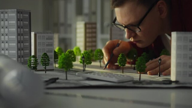 An architect leans closely over a detailed model, focused on adding precise touches to a miniature urban landscape featuring trees and buildings. The workspace is filled with design elements