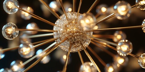 A Close-Up View of an Elegant Chandelier Showcasing Crystal Spheres and Gold Accents, Illuminated Softly in a Stylish Interior Space During an Evening Gathering