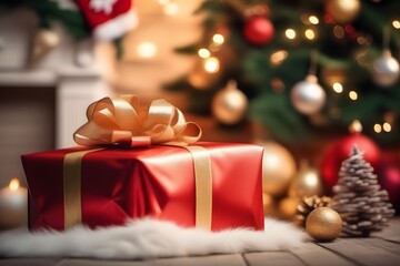 A beautifully wrapped red gift box with a gold ribbon sits by a festive Christmas tree adorned with lights and decorations