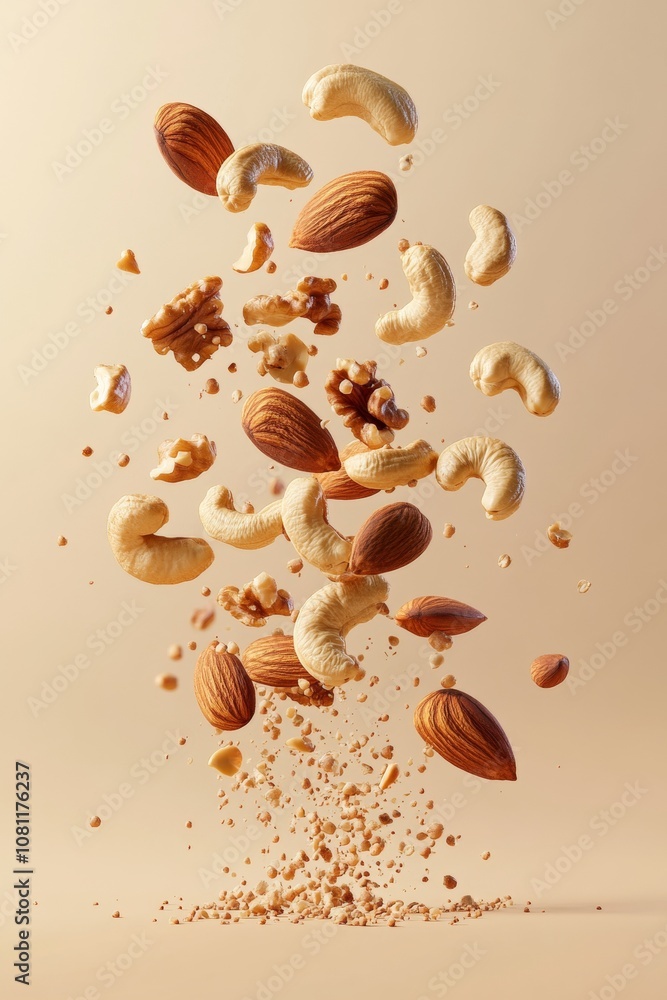 Poster assortment of nuts almonds, walnuts, and cashews dynamically floating on a light background
