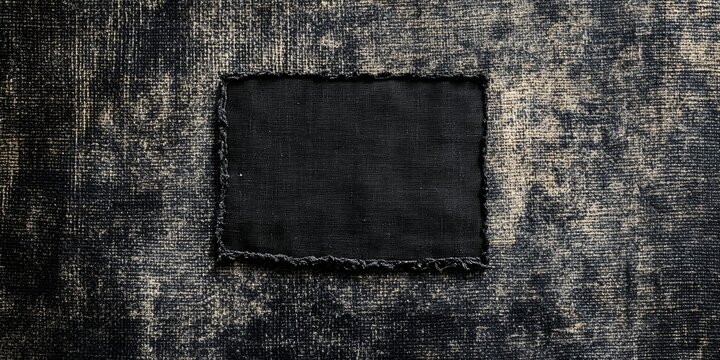 An Abstract Canvas Texture Featuring a Rough-Edged Black Square on a Dark and Worn Background, Highlighting Contrasts in Fabric and Color