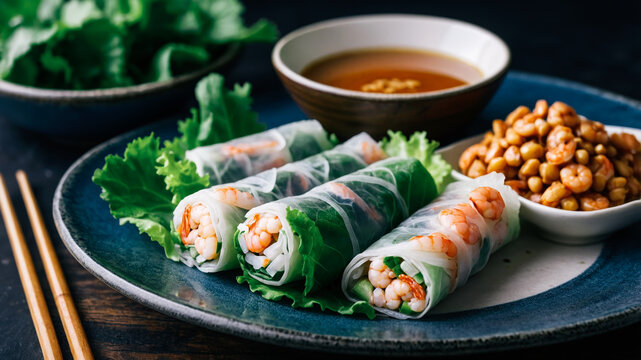 Fresh Shrimp Spring Rolls with Dipping Sauce and Vegetables