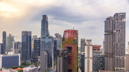 Aerial view of Chinatown and Downtown of Singapore in the evening timelapse