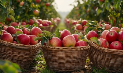 Freshly Harvested Red Apples in Wicker Baskets at Orchard