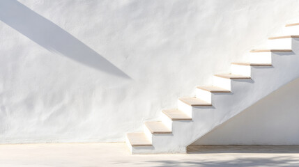 Naklejka premium Abstract pattern of light and shadow cast by sunlight on a white staircase and textured wall in a minimalist architectural setting