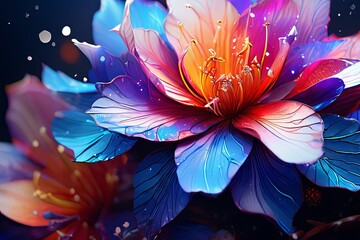 Mesmerizing flower portrait with bold colors, highlighting intricate details. Water droplets enhance ethereal feel. For background, invitation, greeting card,artistic design seeking vibrant energy.