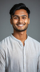 Happy indian man in a studio portrait, exuding confidence and positivity while wearing a light gray shirt and smiling