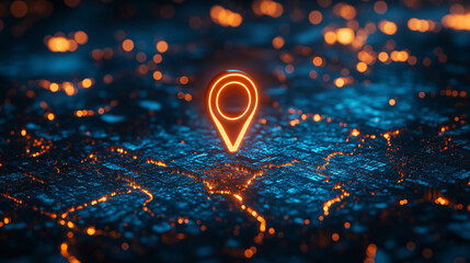 A location pin icon on a digital map, with a blue technology background
