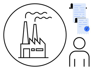 Black and white factory within circle, illustrated human figure, and a blue document with a checkmark. Ideal for industrial management, manufacturing, compliance, regulations, efficiency