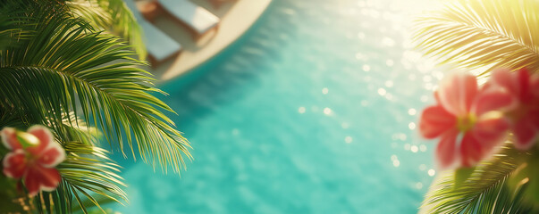 Luxurious tropical resort pool with palm trees, flowers, and sun loungers at sunset, creating a relaxing and idyllic vacation scene