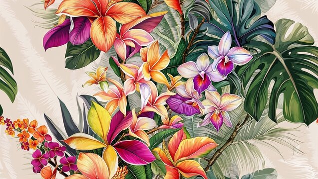 Sfondo tropicale floreale continuo con foglie verdi e fiori esotici colorati