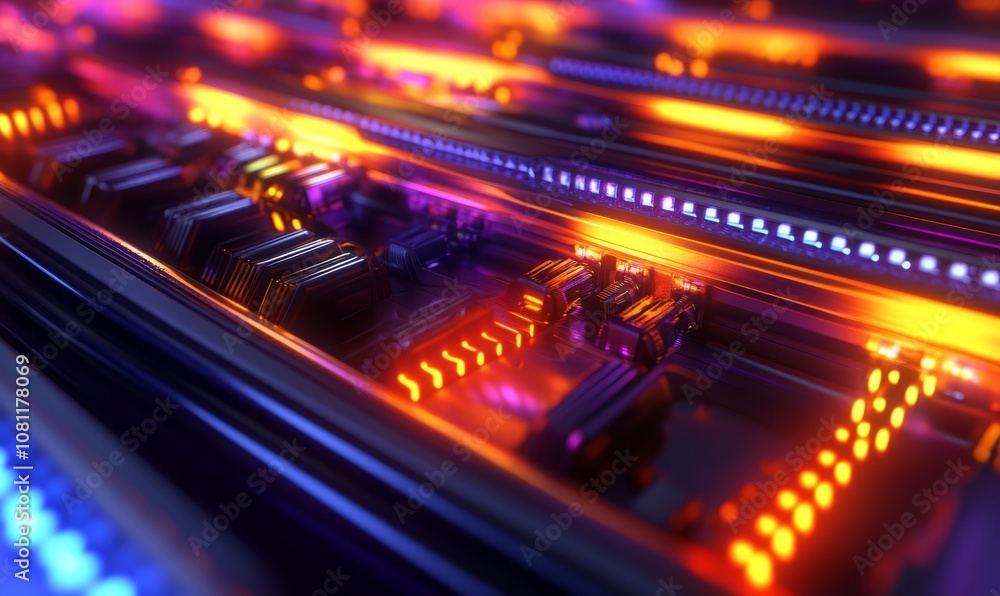 Poster futuristic data center with glowing orange and blue lights, showcasing server racks and fast-moving 