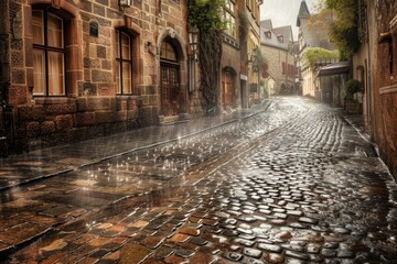 Historic Cobblestone Street in Rain - Timeless Urban Scene for Posters and Cards