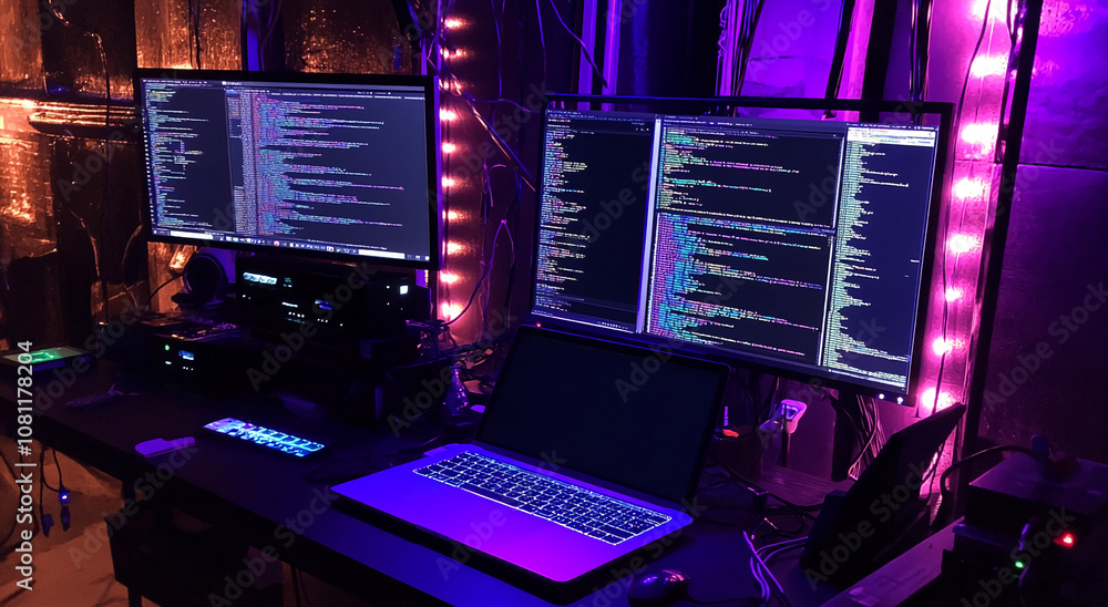 Poster A late-night coding session with two monitors and a laptop displaying code. The room is lit with purple and orange string lights