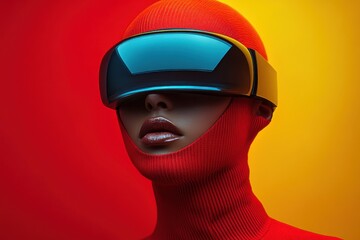 Woman wearing a red turtleneck and a futuristic helmet on a orange and yellow background, creative portrait