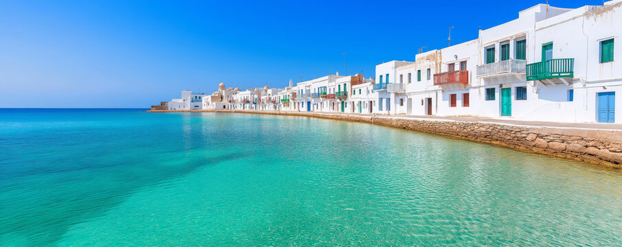 Traditional whitewashed houses with colorful doors and balconies line the coast of the charming fishing village of pollonia, milos island, greece