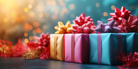 Close-up of festive wrapped gifts in vibrant colors, adorned with large bows, set against a bokeh background. Perfect for holiday and celebratory themes.