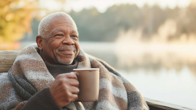 Elderly man wrapped in blanket enjoying a hot beverage by a tranquil lake in autumn