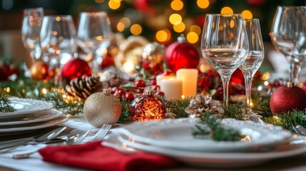 Festive Christmas Table Setting with Wine Glasses and Ornaments