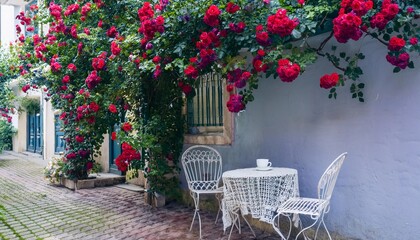 beautiful background of climbing red roses on the balcony