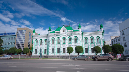 Fototapeta premium Beautiful 18th century building in the center of Uralsk timelapse hyperlapse. Western Kazakhstan.