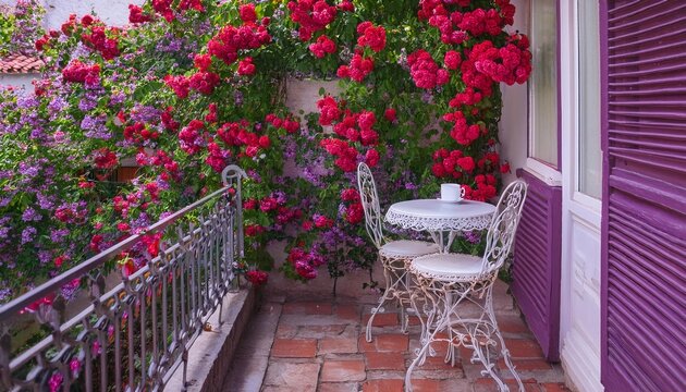 beautiful background of climbing red roses on the balcony