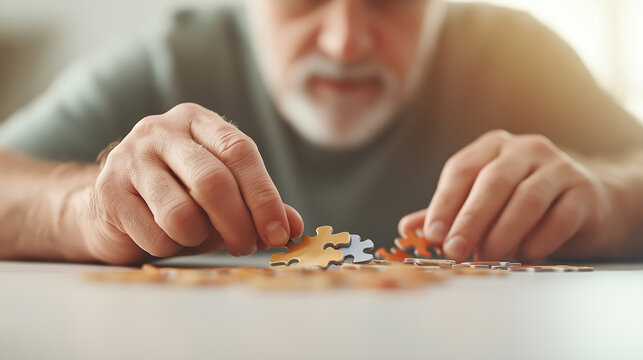 Focused senior man engaging in problem-solving leisure activity by assembling jigsaw puzzle, promoting mental exercise