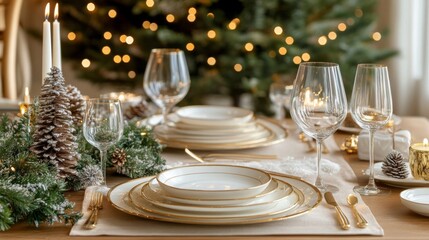 Festive Table Setting with Gold Accents and Christmas Decor