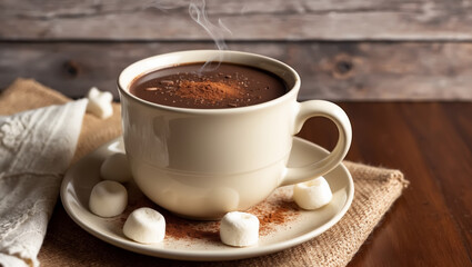 Fototapeta premium A warm and inviting tabletop scene featuring a rich, velvety hot chocolate in a creamy white mug with a subtle sheen