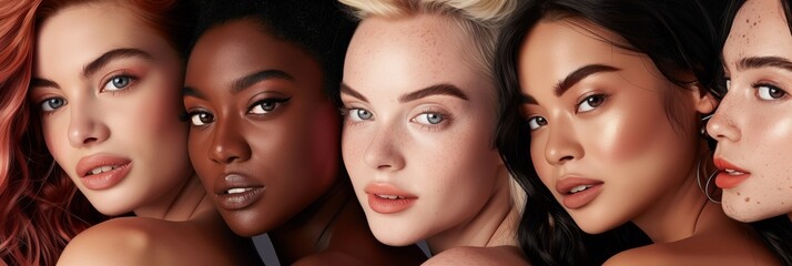Obraz premium This project celebrates the diversity and beauty of women through closeup portraits showcasing makeup and skincare artistry, highlighting their unique backgrounds and expressions