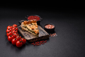 Pieces of quiche with salmon, spinach or broccoli, salt and spices