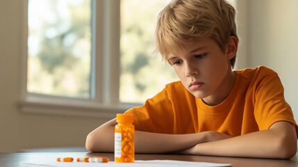Sad child looking at prescription pills on a table, expressing concepts of overmedication, children's health, and medication safety