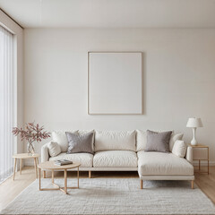 White modern living room with sofa rug and blank picture frame. Generative AI