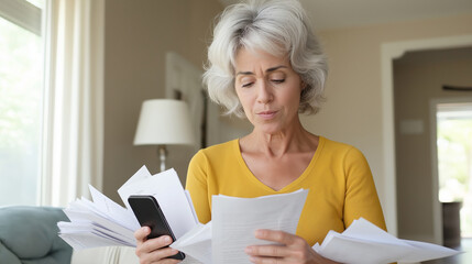 Mature woman using smartphone and documents to manage domestic expenses, plan budget, and calculate taxes
