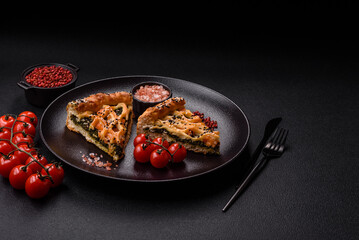 Pieces of quiche with salmon, spinach or broccoli, salt and spices