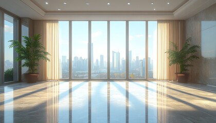 Empty office with large windows and city view.