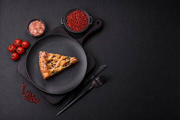 Pieces of quiche with salmon, spinach or broccoli, salt and spices