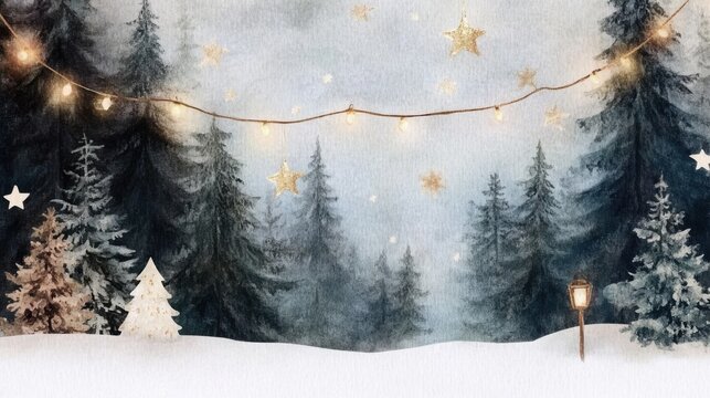 Magical winter forest scene with twinkling lights and snow-covered trees, AI