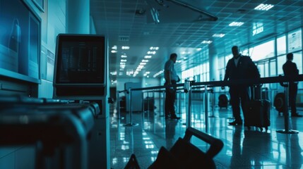 Airport Security Checkpoint with X-Ray Scanner and Officers Monitoring Luggage for Suspicious Items