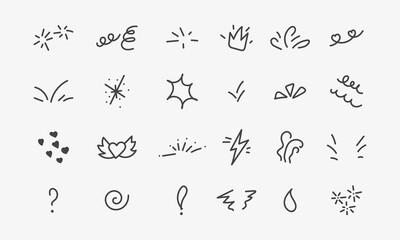 Doodle elements for holiday. Hand drawn firework, cartoon fun signs. Vector illustration on white background