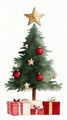 Watercolor Christmas tree adorned with red baubles and golden stars, AI