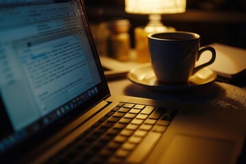 Fototapeta premium Cozy Workspace with Laptop, Coffee Cup, and Notepad Under Warm Ambient Lighting