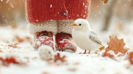 Obraz premium Child in cozy red boots stands in snow beside a small white bird, surrounded by autumn leaves, AI