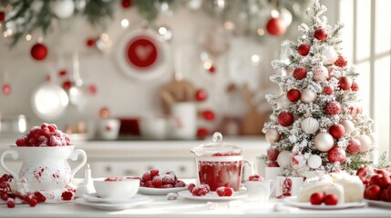 Festive kitchen adorned with a snow-dusted Christmas tree and red accents, AI