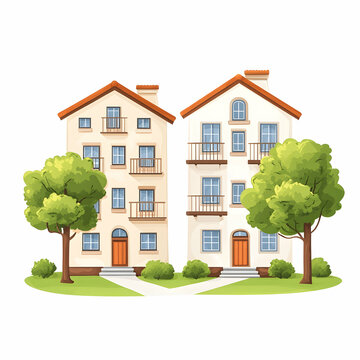 recommend clip art: Two Charming Townhouses with Lush Green Trees, building, buildings, architecture, residential, home