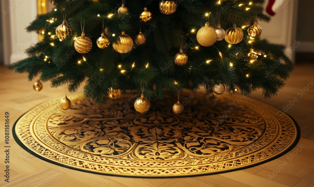 Aufkleber luxurious golden christmas tree skirt with intricate patterns, adding an elegant touch to a tree fil